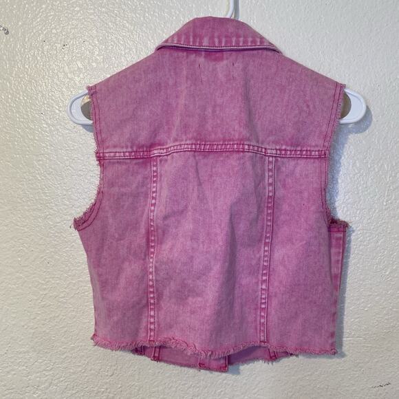 Avec Les Filles Womens Pink Acid Wash Crop Denim Vest Size Small - Picture 3 of 7